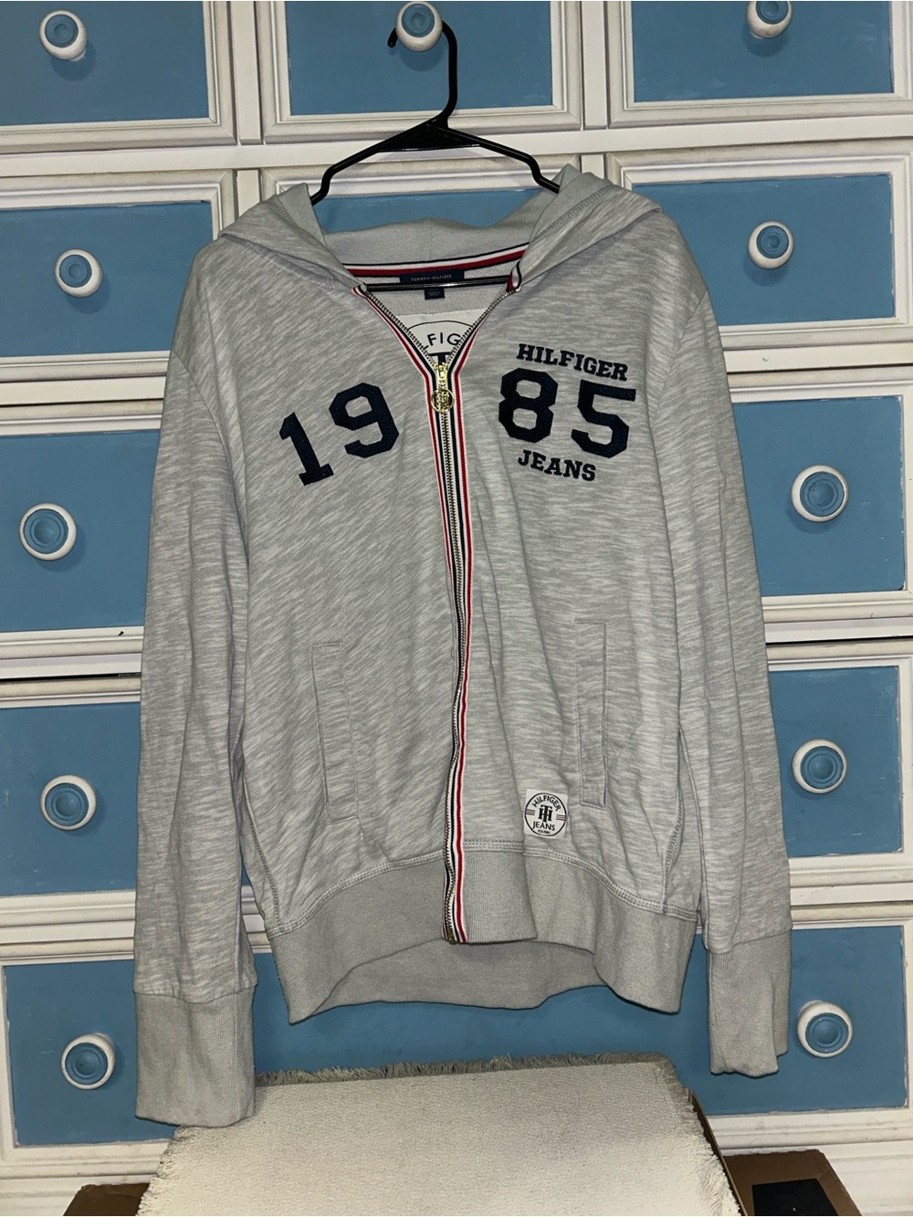 Tommy Hilfiger Light Gray Hoodie with Navy Numbering and Red-White-Blue Trim